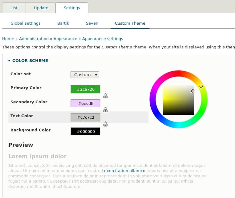 Admin settings with color wheel